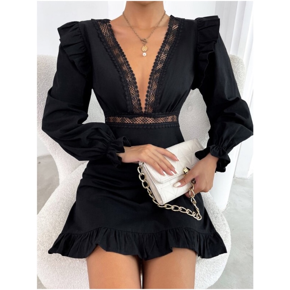 Classic Cream Plunging Neckline Lace Ruffle Sleeve Mini Dress - Picture 3 of 11